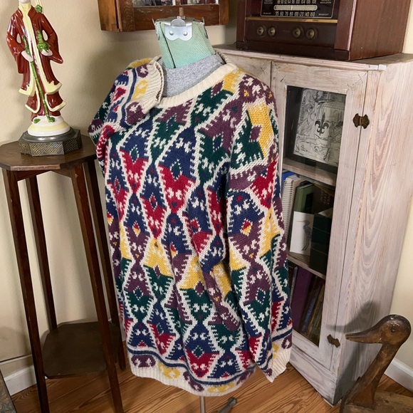Vintage 80s Colorful Geometric Aztec Pattern Funky Indie Oversized Knit Sweater - Picture 3 of 9